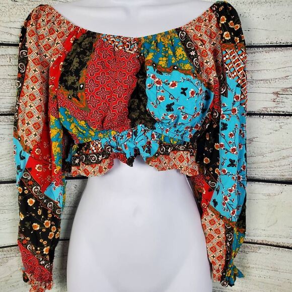 Miky & Me Boho Patchwork Crop Top Long Sleeve Off Shoulder Size L - Picture 1 of 8